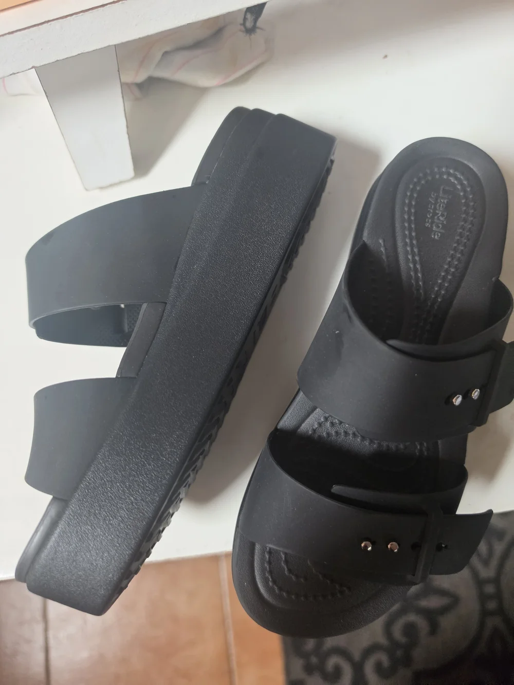 CROCS Black Double-Strap Slide Platform Wedge Sandals with Buckle Accents